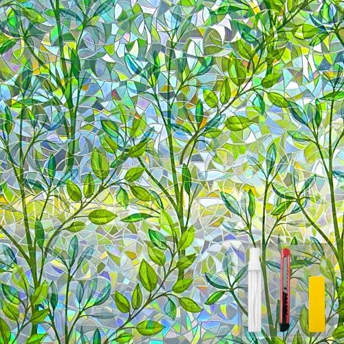 Countewol Privacy Window Films Stain Glass Cling No Glue Anti-UV Window Sticker for Bathroom Bedroom Living Room(Leaf Rainbow 157.4" L*17.5" W)