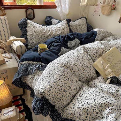 Vintage Floral Duvet Cover Twin Size 3 Pcs,Ruffled Bedding 68"×86"