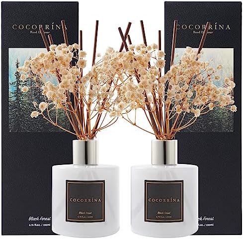 Cocorrína Premium Reed Diffuser Set with Preserved Baby's Breath & Cotton Stick Black Forest 2 Packs, 6.7oz Scent Fragrance Oil Diffuser for Bedroom Bathroom Home Décor