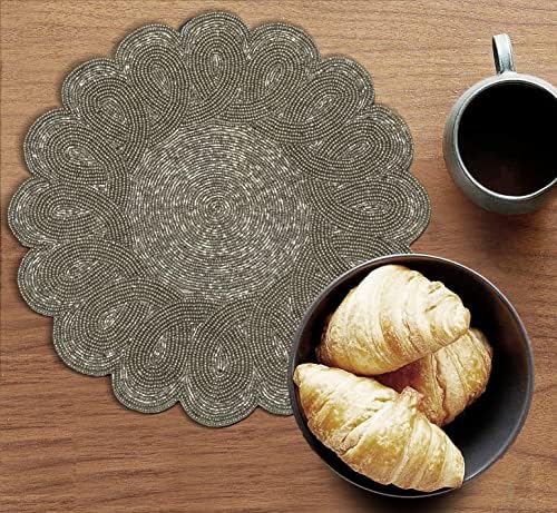 Lightnpro Handmade Beaded Placemats Set of 2 – 13 Inch Gunmetal Round Scalloped Charger Mats, Handcrafted Artisan Table Accessories in Gunmetal | Elegant Dining, Wedding & Home Décor Table Mats