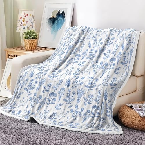 Floral Fuzzy Blanket Blue Floral Throw Blanket, Botanical Flowers Blankets, Soft, Flannel, Warm, Boho Flowers Bed Blankets All Season for Couch Bedroom Living Room 50X60 Inch