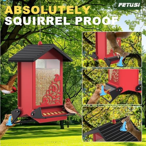 Squirrel Proof Bird Feeder for Outdoor Hanging,Metal Bird Seed Feeder with Bilateral Weight Activated Perches,5LB Large Capacity Wild Bird Feeders for Outside,Easy Refill and Clean,Red