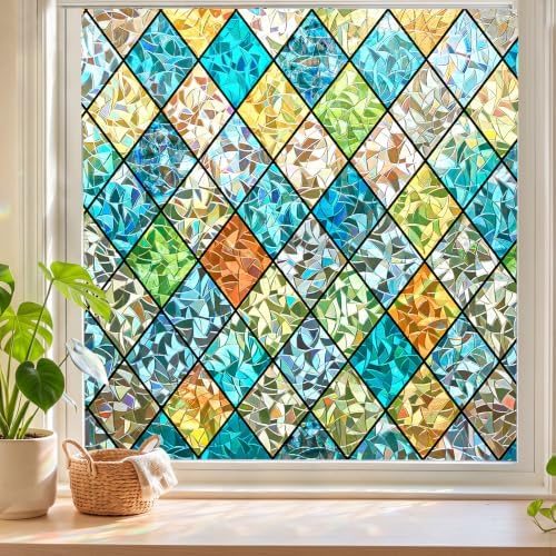 Sunbaby Stained Glass Winodw Film, Rainbow Lattice Stickers, 23.6"x78.7"
