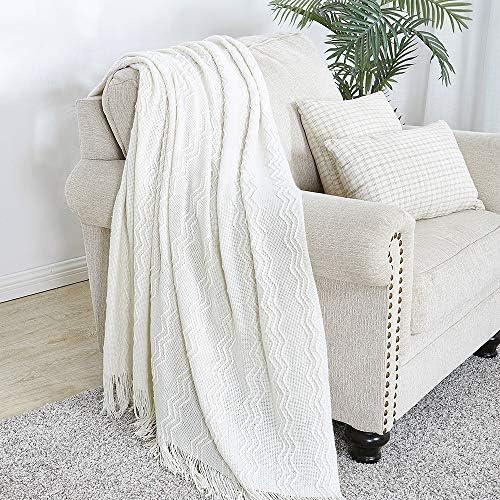 BOURINA Off White Throw Blanket 60x80Inch Boho Knit Soft Throw Sofa Blanket