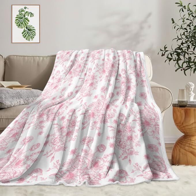Floral Throw Blanket, Botanical Floral Blanket, Soft, Flannel, Warm, Boho Floral Bed Blanket All Season Flower Throw Blanket for Couch Bedroom Living Room, Pink 60X90 Inch
