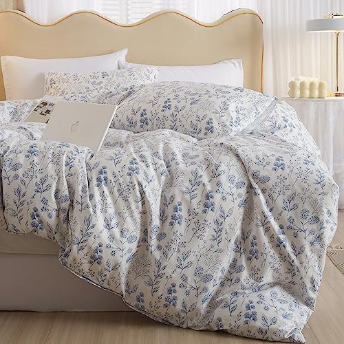 HighBuy 3 Pieces Duvet Cover King Size White Bedding Duvet Cover with Blue Floral Print,Coquette Bedding Soft Cotton Comforter Cover Boho Style,Aesthetic King Bedding Set with Zipper Closure 4 Ties