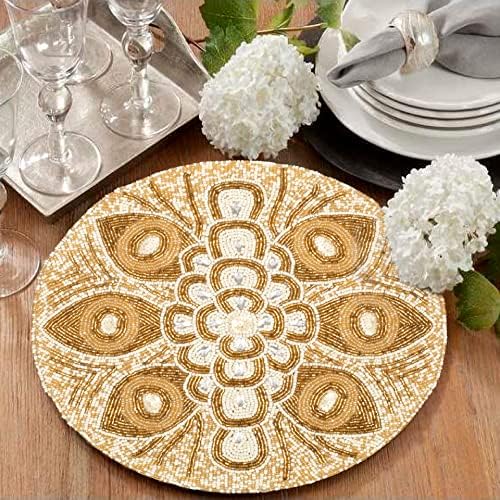 Beaded Placemats 13 Inch Round, White, Charger Placemats for Dining Table