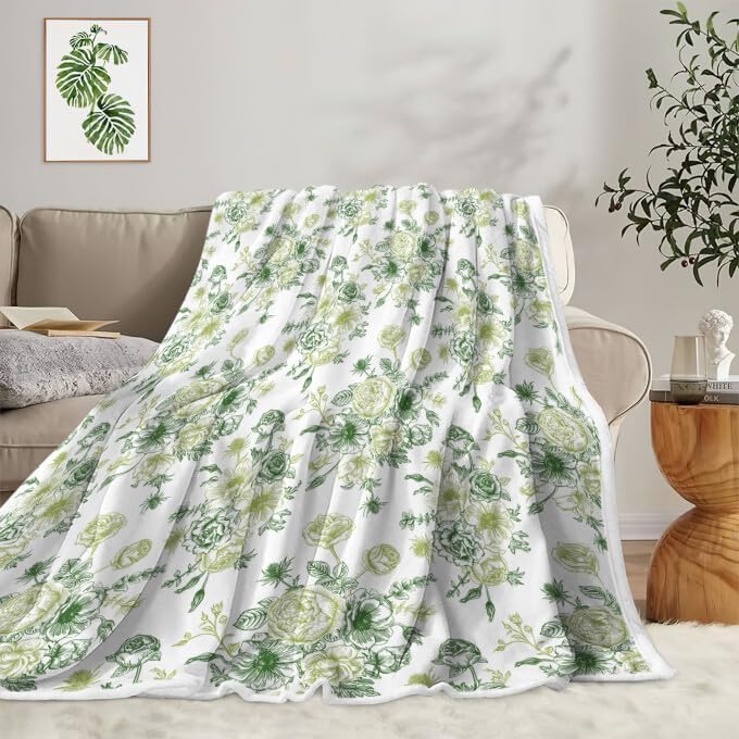 Green Floral Throw Blanket, Botanical Floral Blanket, Soft, Flannel, Warm, Boho Floral Bed Blanket All Season Floral Throw Blanket for Couch Bedroom Living Room 60X80 Inch
