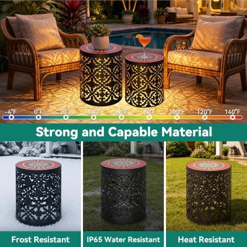 2-Pack Metal LED Side Table Outdoor, 3-Mode Lights, Modern Cut-Out