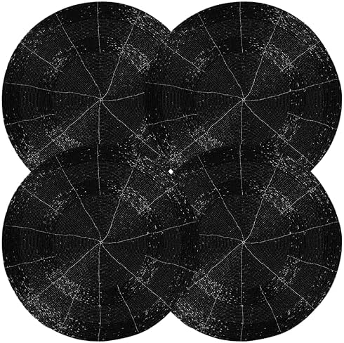 Decorative Beaded Placemats Set of 4 - Handmade Round Table Mats with Shiny Glass Beads & Polyester Backing - Elegant Dining Decor for Special Events & Daily Use (Black) - CLEENTABLE
