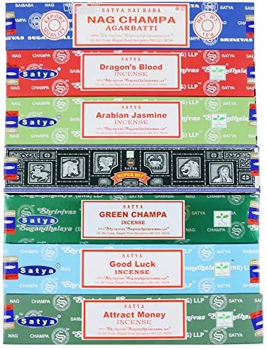 Satya Incense Sticks Gift Set, 7 Scents, Nag Champa, Dragon's Blood, Arabian Jasmine, Super Hit, Green Champa, Goodluck, Attract Money, 15g Each (Relaxation Mix)