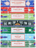 Satya Incense Sticks Gift Set, 7 Scents, Nag Champa, Dragon's Blood, Arabian Jasmine, Super Hit, Green Champa, Goodluck, Attract Money, 15g Each (Relaxation Mix)