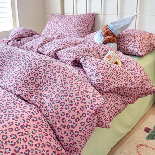 mixinni Hot Pink Leopard Print Duvet Cover Set Twin XL Size, 3PCS Cute Cheetah Animal Bedding, 100% Cotton Double Gauze Soft Aesthetic Retro Sweet‑Cool Bedding Set with 2 Pillowcases for Girls Women