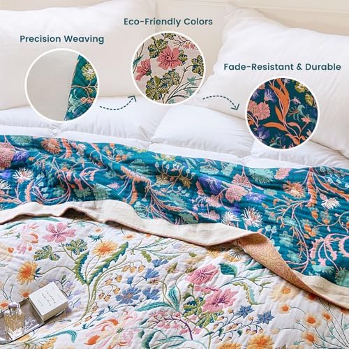 MSGKV Boho Throw Blanket 60"x80" Cotton Floral Blanket for Couch Bed Decor