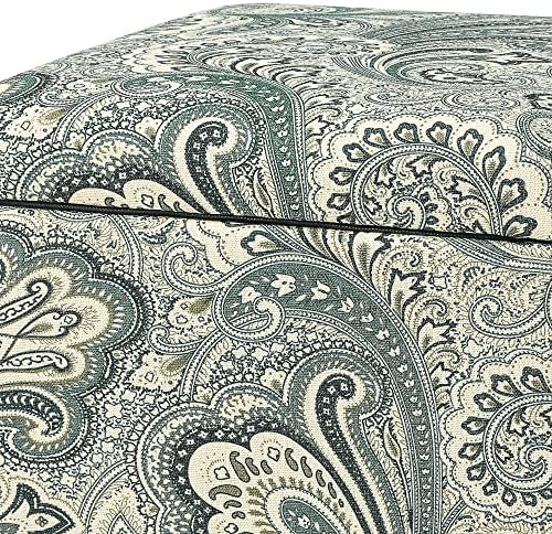 Adeco 18" Cube Storage Ottoman in Blue Paisley, Upholstered Linen Foot Stool & Accent Chair for Entryway, Vanity or Small Spaces
