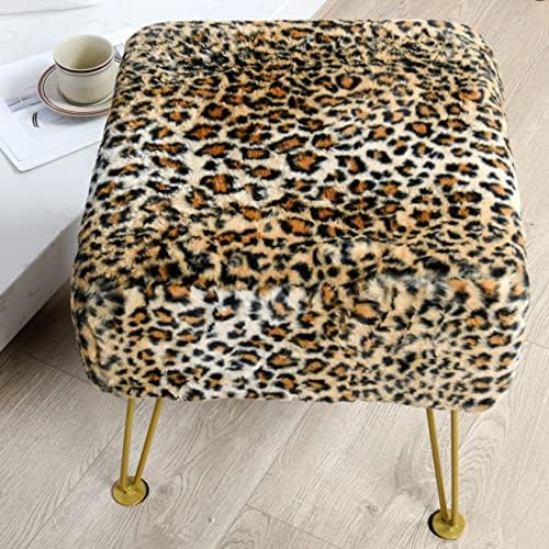 Leopard Print Square Ottoman 17"x17"x17" Faux Fur Entryway Bench Footrest Stool Accent Seating Cheetah Furry Ottoman Bedroom Vanity End of Bed for Bathroom Living Room Decor