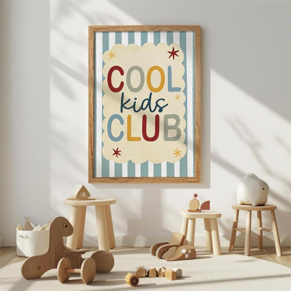Framed 16x20 inch Trendy Preppy Blue Striped Wall Art Cool Kids Club Quotes Poster Modern Funny Toddler Canvas Prints for Kids Playroom Bedroom Wall Decor