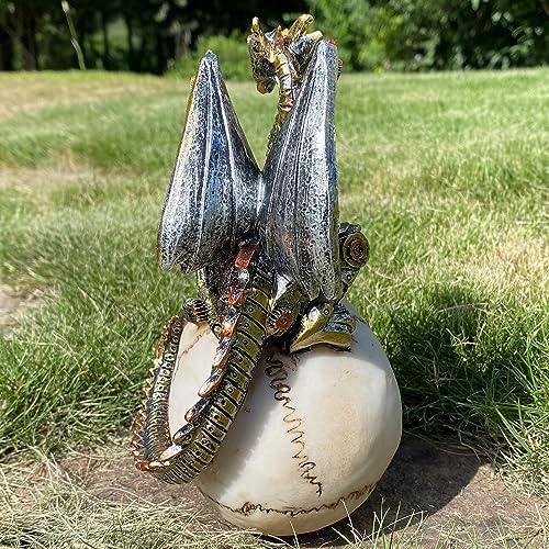 Halloween Steampunk Dragon on Skull Statue, Gothic Mechanical Decor