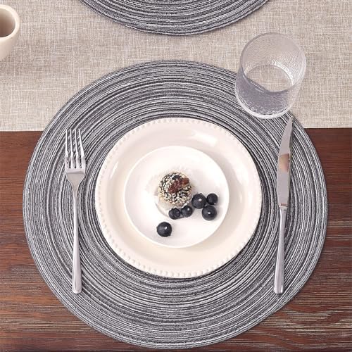 SHACOS Round Braided Placemats Set of 8 Round Table Mats for Dining Tables Non Slip Washable (Black Gray, 8)