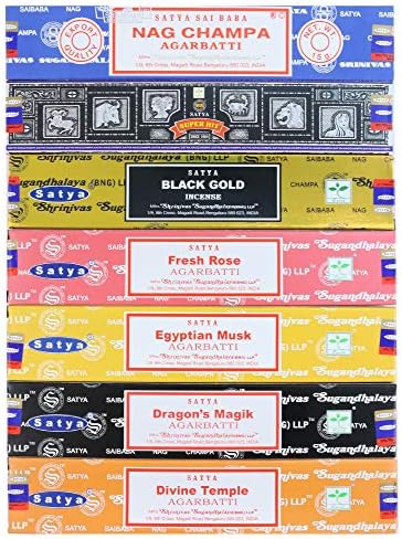 Satya Incense Sticks Gift Set, 7 Scents, Nag Champa, Super Hit, Dragon's Blood, Sandalwood, Patchouli, Lavender, Positive Vibes, 15g Each (Healing Mix)