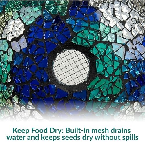 Sunnydaze Mosaic Glass Bird Feeder for Outdoors, Indigo Flower Mosaic