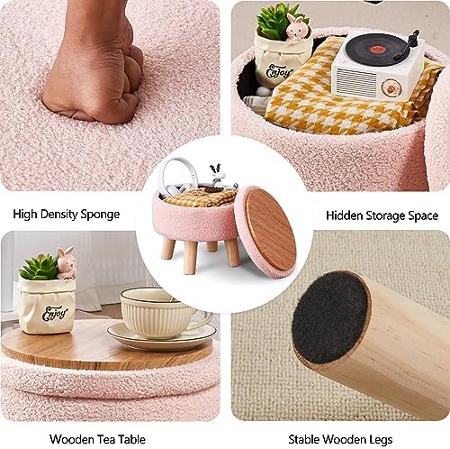 Wimarsbon Round Storage Ottoman,Footstool with Padded Seat and Wood Legs