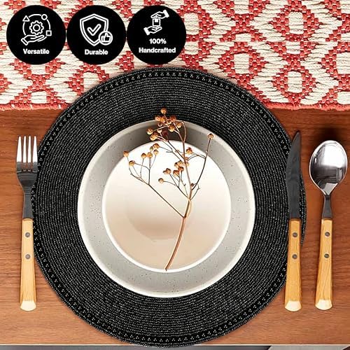 Beaded Round Placemats - Beaded Table Mats with Polyester Backing for Dining Table, Wedding, Christmas, Holiday, Party Decor - Handmade Glass Bead Charger 13" (Black) - ALPHA Living HOME (Pack of 2)
