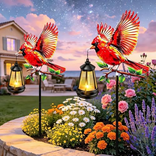 EDOF Red Cardinal Bird Metal Garden Stakes with Solar Lights Outdoor Decor,Cardinal Memorial Christmas Birthday Gifts for Women Mom,Waterproof Decorative Stakes Lights for Yard Patio Porch Cemetery