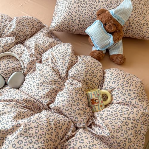mixinni Light Brown Leopard Print Duvet Cover Set Twin Size, 3PCs Cute Animal Cheetah Bedding, 100% Cotton Double Gauze Soft Aesthetic Retro Pink Black Bedding Set with 2 Pillowcases for Girls Women