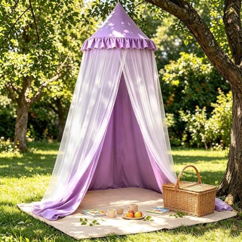 Kertnic Princess Bed Canopy for Girls, Double Layer Round Bed Mosquito Net, 31.5" Large Dome Indoor Castle Bed Tent, Sleeping & Reading Nook Curtain for Boys Girls (Purple)