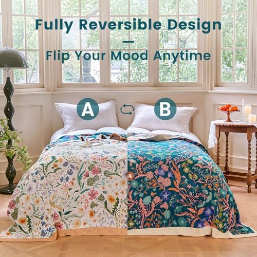 MSGKV Boho Throw Blanket 60"x80" Cotton Floral Blanket for Couch Bed Decor