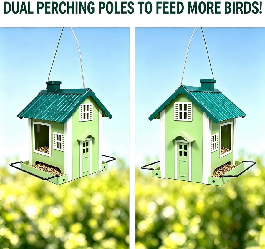 WENYLE Bird Feeders for Outdoors Hanging, Heavy Duty Metal Weatherproof Wild Bird Feeder, House Shape with Drain Holes, 2LB Capacity for Garden Yard