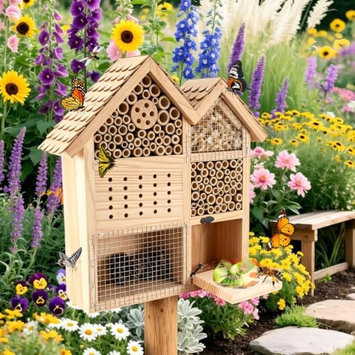 Large Wooden Insect Hotel for Outdoors - Waterproof Bee House & Butterfly Habitat with Bamboo Tubes and Pine Cones-Garden Insect for Mason Bees, Ladybugs, and Beneficial Bugs-House Shape