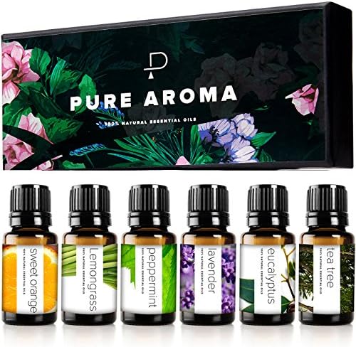 Pure Aroma Essential Oils Aromatherapy Set - 6 x 10ML Oils for Diffusers, Home Care, Candle Making Scents, Fragrance, Humidifiers, Gifts - Peppermint, Tea Tree, Lavender, Eucalyptus, Orange