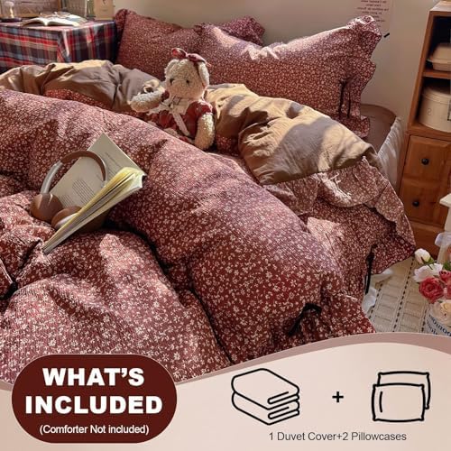 Queen Size Duvet Cover 90"×90",Floral Ruffled Bedding Set 3 Pcs