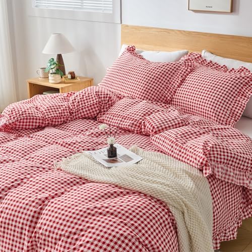 Gingham Duvet Cover Twin Size, 2 Pieces Soft Breathable Microfiber Plaid Duvet Cover with Zipper Closure & 1 Pillow Shams, Ruffle Farmhouse Vintage Decor, Red