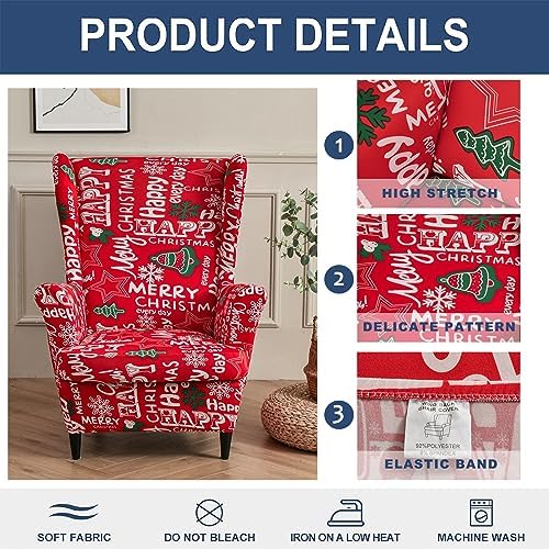 HAOYONG Christmas Stretch Wingback Chair Cover 2 Pieces Wing Chair Slipcover Printed Wingback Armhair Slipcover Wingback Washable Sofa Covers Christmas Decoration Furniture Protector for Armchair