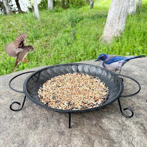 CQAIRIOU Upgraded Ground Platform Bird Feeder Tray,11.8” Stainless Steel Large Bird Feeder Mesh Seed Tray with A Exquisite Tray Station,Attract Wild Birds,Great Decoration for Garden Backyard