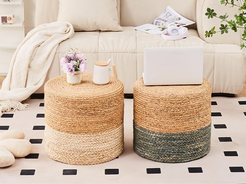 18'' Boho Ottoman Pouf Natural Water Hyacinth Rustic Handmade Lounge Pouffe