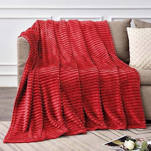 BEDELITE 3D Ribbed Jacquard Red Fleece Throw Blanket for Couch, 50x60 Inch