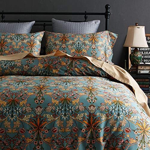 Green Gold Duvet Cover Queen,Medallion Paisley Print Bedding Set 400 Thread Count Percale Cotton Vibrant Bohemian Pattern Quit Cover with Zipper Closure