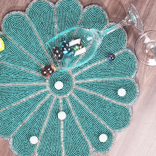 Alpha Living Home 2-Pack Round Placemats, Glass Beads, Teal Silver, 13 Inch