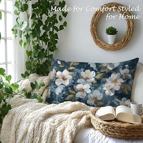 Vintage White Magnolia Floral Pillow Cover 12x20, Navy Blue Moody Cottagecore Wildflower Botanical Decorative Lumbar Pillow Cover for Couch Bed Living Room Bedroom