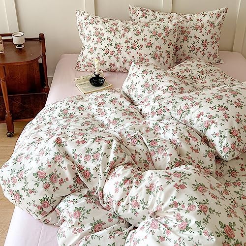 Pink Floral Duvet Cover Queen Soft Cotton Girls Cottagecore Bedding Set Botanical Peach Flower Comforter Cover with Zipper Closure Vintage Country Bedding Aesthetic Duvet Cover with 2 Pillowcases