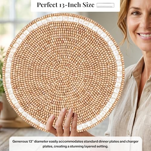 ALPHA Living HOME Woven Placemats Set of 2 Ivory Light Brown Wood MOP Mats