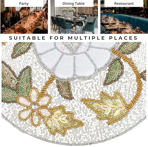 Beaded Round Placemat 13 Inch,Gold Ivory Multi Floral Leaf Design Table Mat