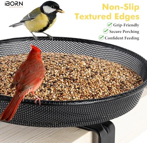 iBorn Deck Bird Feeders for Outdoors,Platform Bird Seed Tray with 1.4 lbs Capacity,Balcony Porch Railing Bird Feeder, Drainage Mesh Holes,Tilt-Proof, Windproof, Anti-Loosen, Easy to Refill&Clean,Black