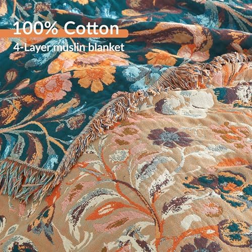 Boho Throw Blanket for Bed 90”x98”, 100% Cotton Blanket for Couch Sofa