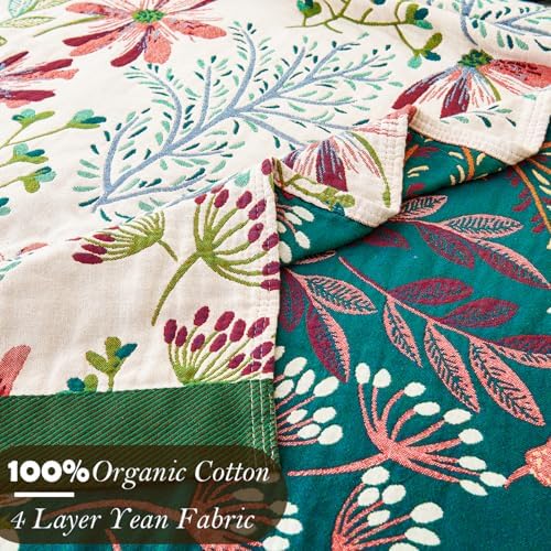 VANJOROY Boho Throw Blanket, 100% Organic Cotton Breathable Ultra Soft 80" x 90" Bed Quilt Throw - All Season Floral Rustic Farmhouse Decor Luxury Reversible Blanket for Sofa Couch Chair and Gift