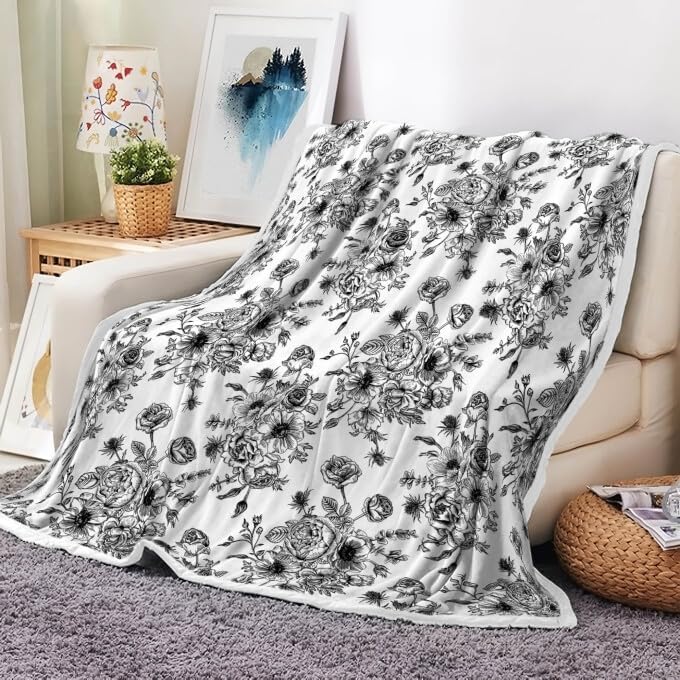 Floral Throw Blanket, Botanical Floral Blanket, Soft, Flannel, Warm, Boho Floral Bed Blanket All Season Flower Throw Blanket for Couch Bedroom Living Room, Black 50X70 Inch